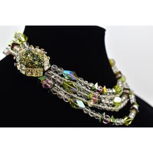 Hattie Carnegie Vintage Crystal Collar Necklace Layered Green Signed 1950s Bin6B